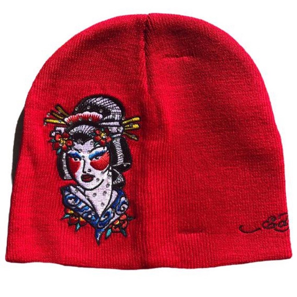 Don Ed Hardy Embellished & Embroidered Geisha Women Beanie - Red - Picture 1 of 4